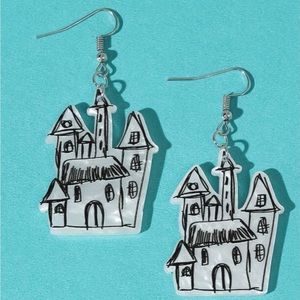 “Haunted House” Manor Mansion Castle Etched Sketch Drawing Halloween Art Dangles